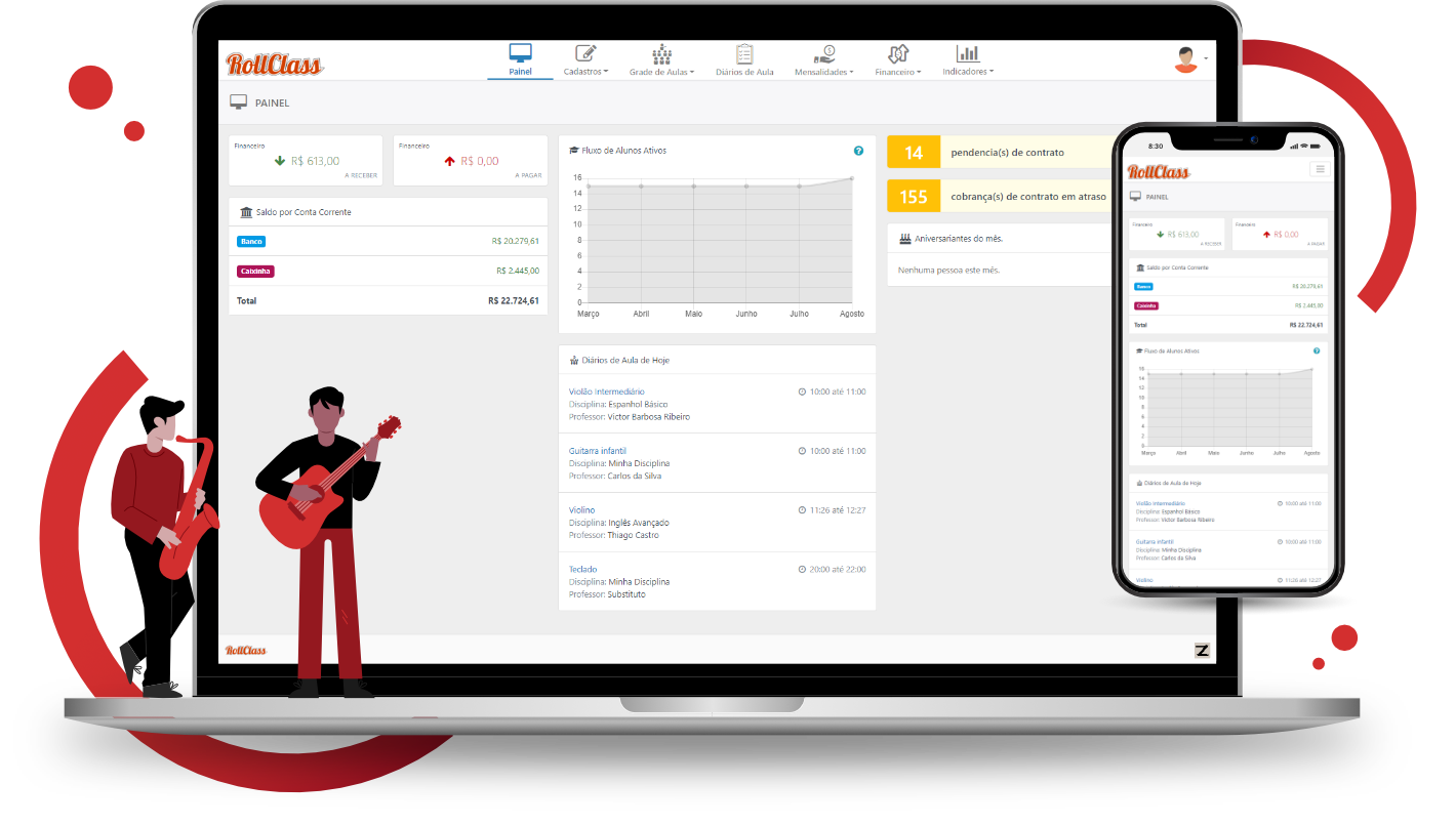 Notebook e Celular com as telas do RollClass