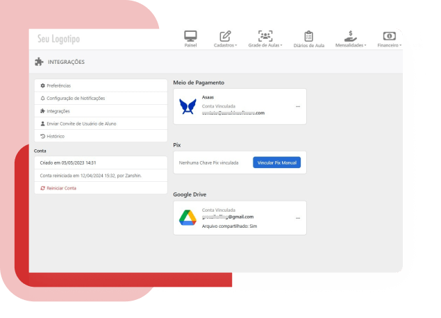 Tela de Integrações do RollClass: integre Asaas, Mercado Pago e Google Drive.